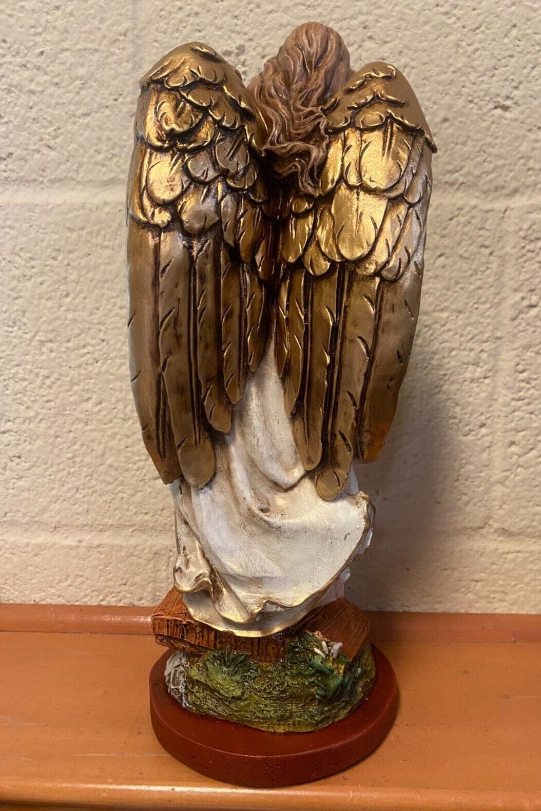 Large hand-painted Guardian Angel statue, 13-inch religious figurine by Bob and Penny Lord, featuring intricate details and a peaceful expression.