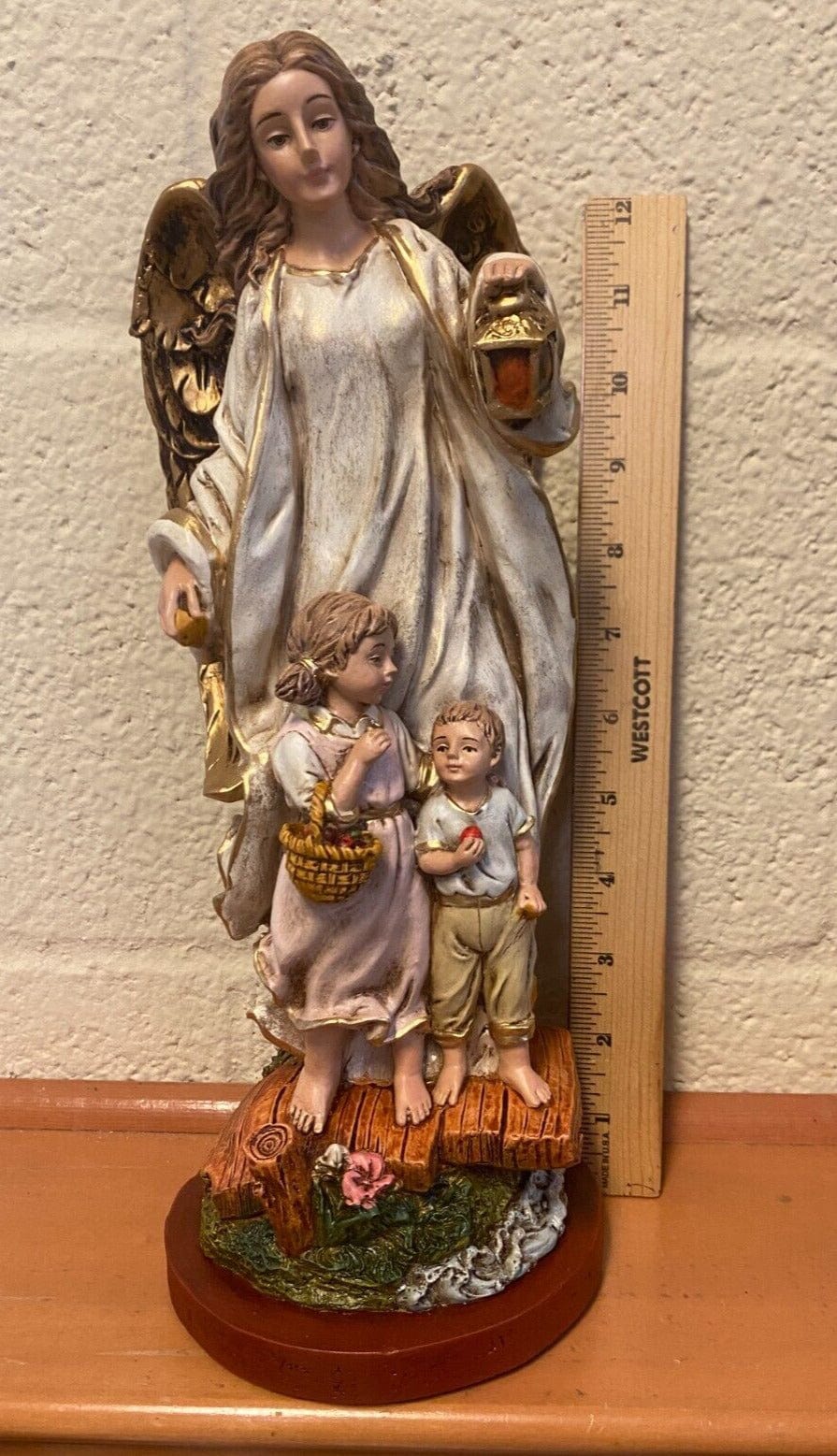 Large hand-painted Guardian Angel statue by Bob and Penny Lord, 13-inch religious figure with intricate details, suitable for spiritual collection