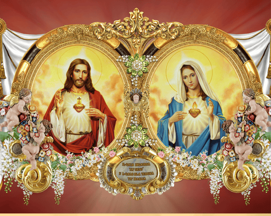 8x10 print of Hearts of Jesus and Mary poster by Bob and Penny Lord, featuring religious artwork of Jesus and Mary.