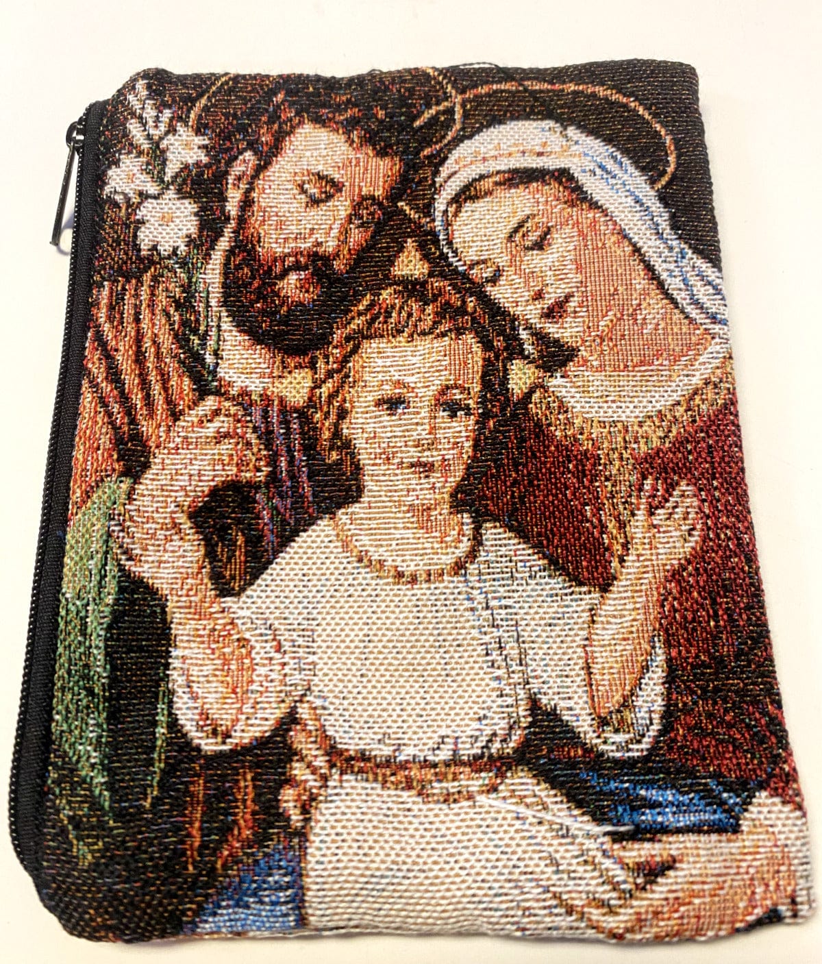 Holy Family 6-inch zip pouch, unbranded women's handbag with a vibrant religious graphic, compact and ideal for carrying essentials.