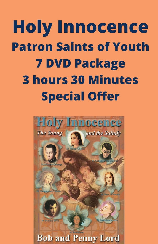 DVD bundle featuring Holy Innocence Patron Saints of Youth by Bob and Penny Lord, displayed with packaging and cover art.