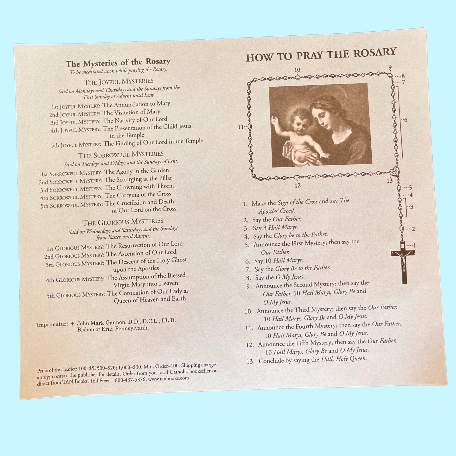 Prayer card from Bob and Penny Lord showing instructions on how to pray the rosary, featuring religious imagery and text.