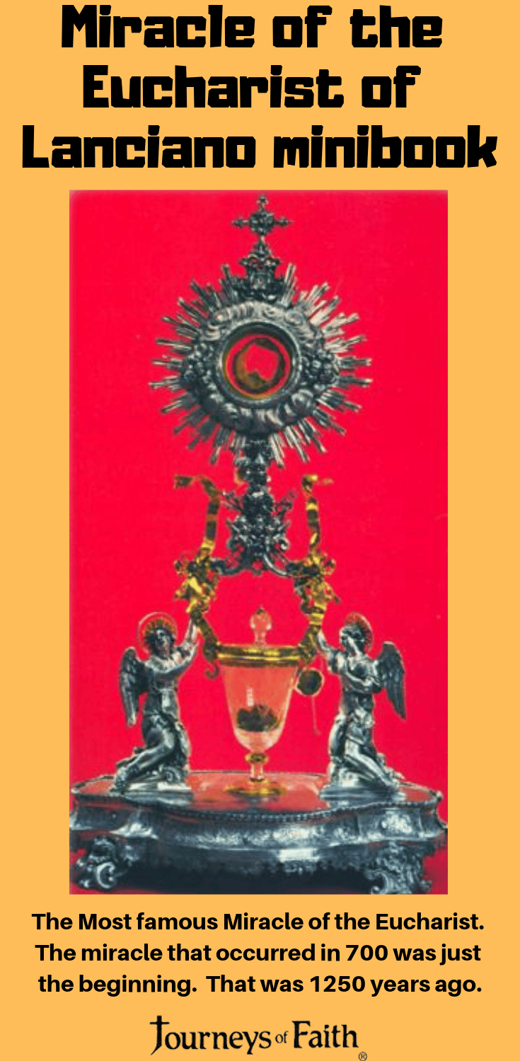 Lanciano Eucharist Minibook by Bob and Penny Lord, small religious booklet with images and text about the Eucharist miracle.