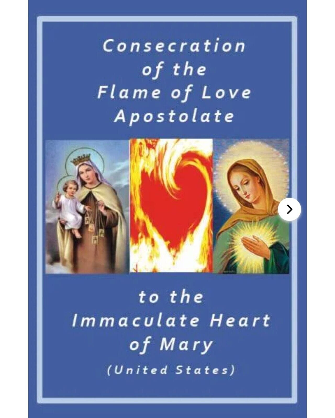 Large Flame of Love prayer card from Bob and Penny Lord featuring Christian Holy Card with religious imagery and spiritual symbolism.