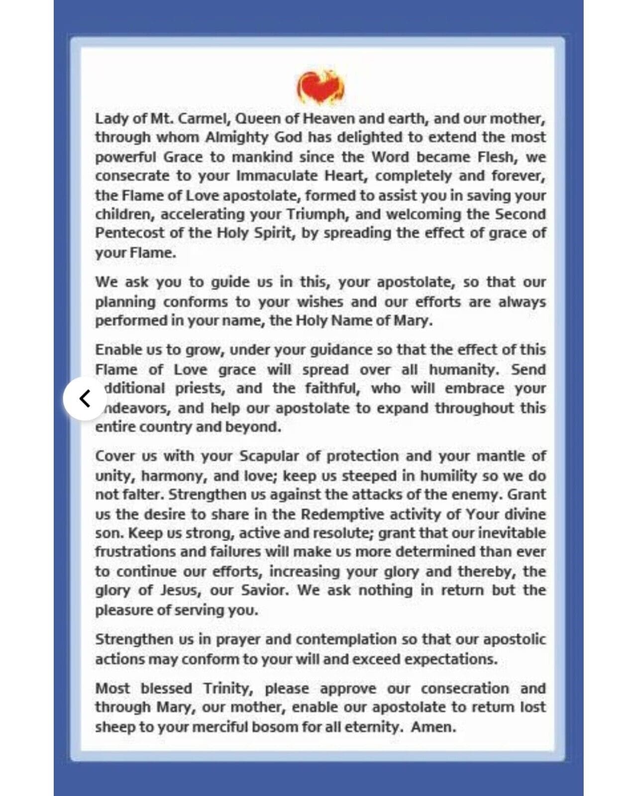 Large Flame of Love prayer card from Bob and Penny Lord featuring Christian holy card with religious imagery and spiritual symbols.