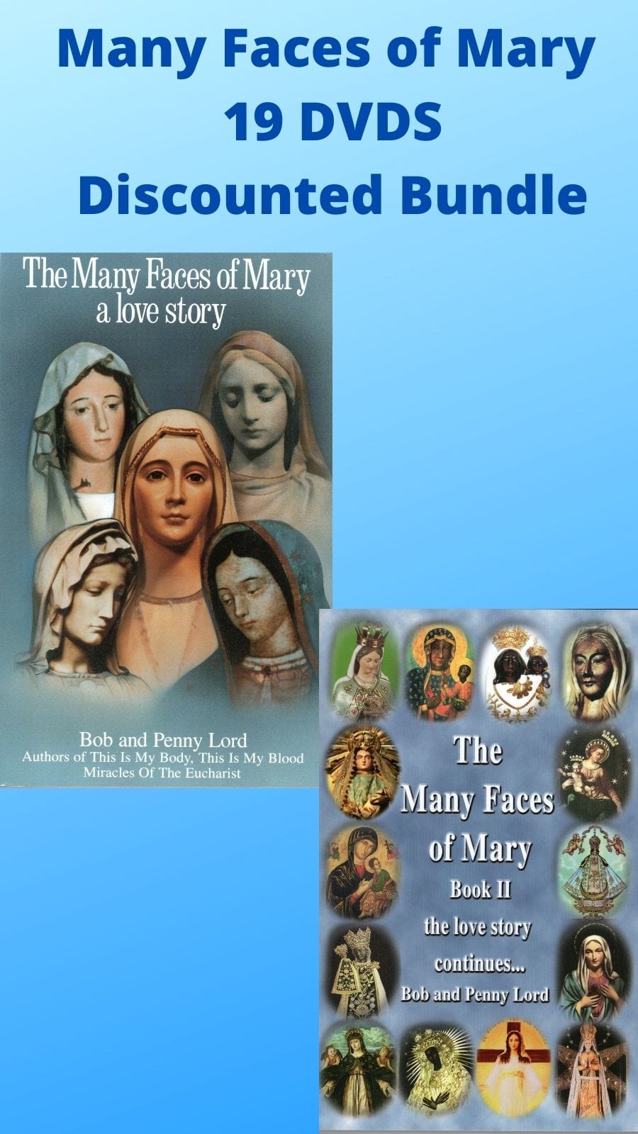 Bundle of 19 DVDs titled "Many Faces of Mary Apparitions" by Bob and Penny Lord, featuring various Marian apparition images.