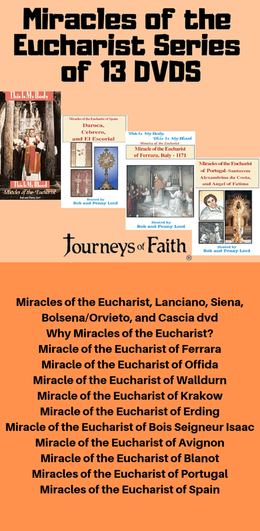 DVD bundle of "Miracles of the Eucharist" by Bob and Penny Lord, featuring 13 religious documentary DVDs in a complete series.