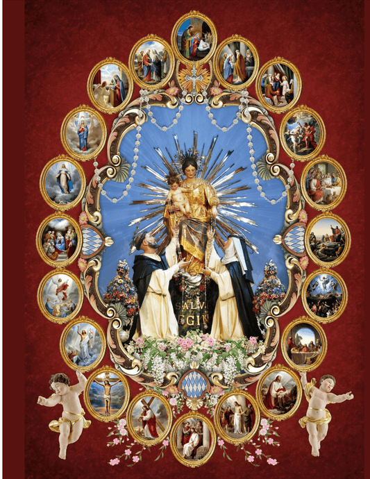 8x10 print of Mysteries of the Rosary poster by Bob and Penny Lord, featuring religious imagery and details of the rosary mysteries.