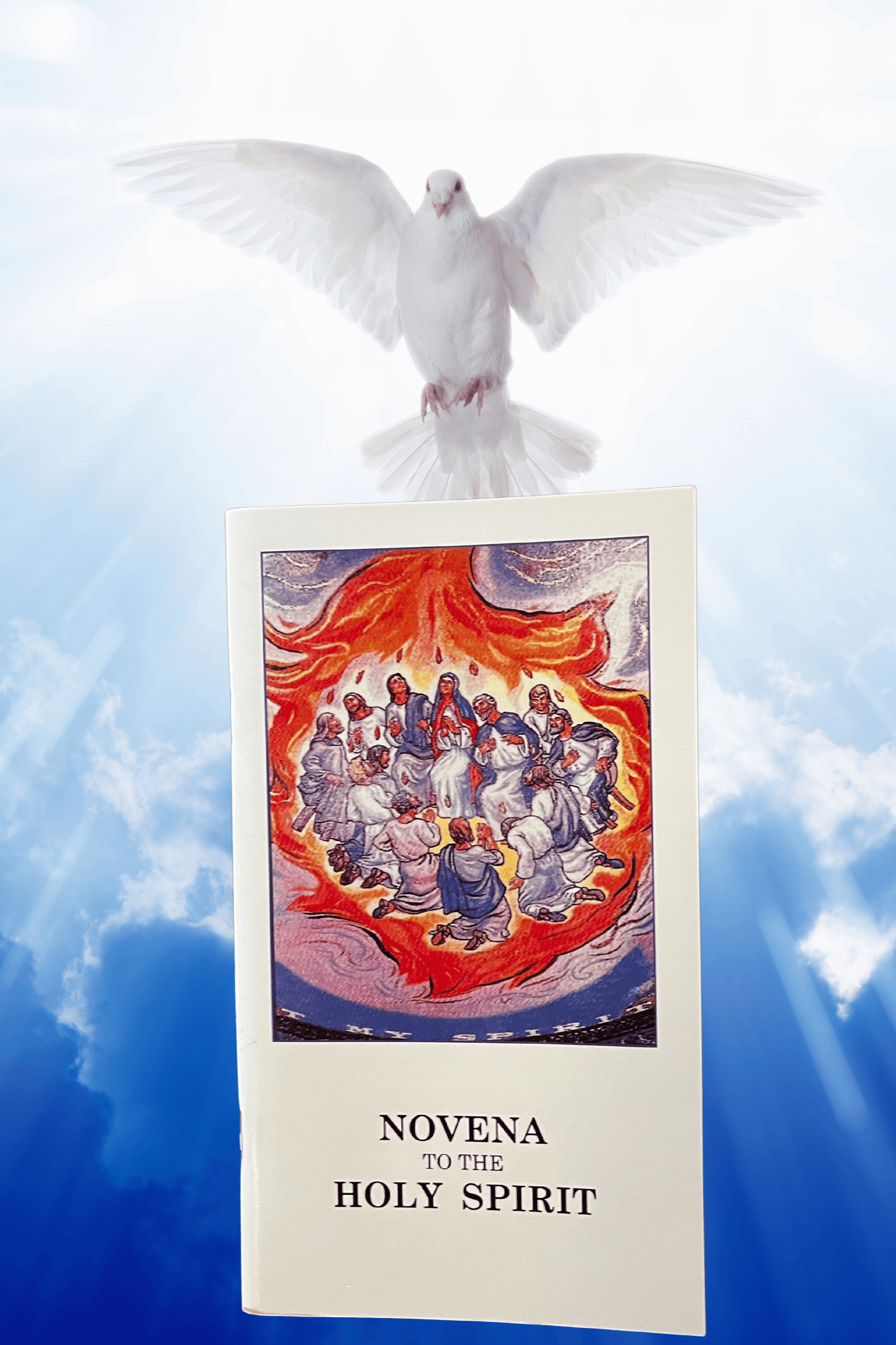 Image of the Novena to the Holy Spirit prayer card by Bob and Penny Lord, featuring religious symbols and spiritual text.