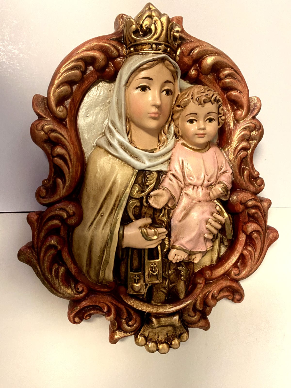 9-inch Our Lady of Mount Carmel wall plaque by Bob and Penny Lord, featuring religious Christian statue from Colombia.