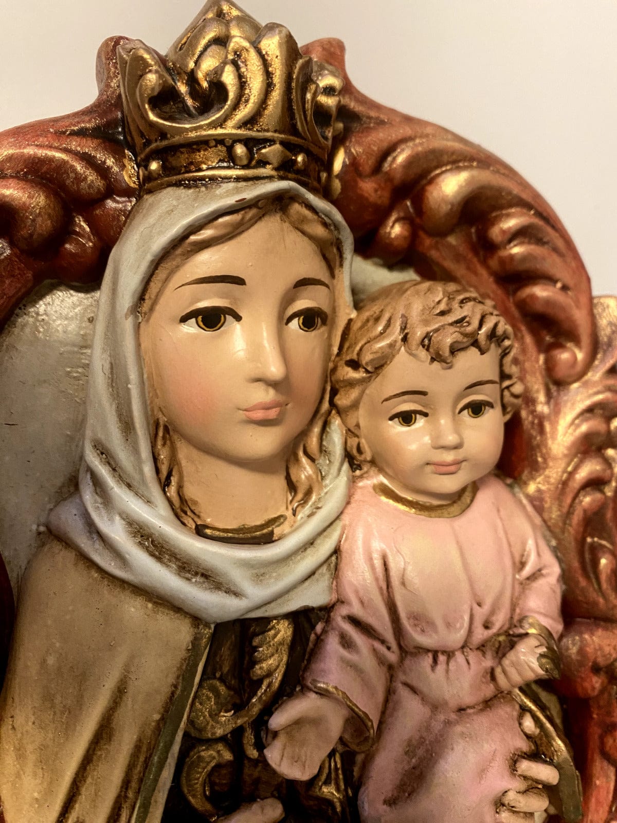 9-inch Our Lady of Mount Carmel wall plaque, Catholic religious statue by Bob and Penny Lord, featuring detailed craftsmanship from Colombia.
