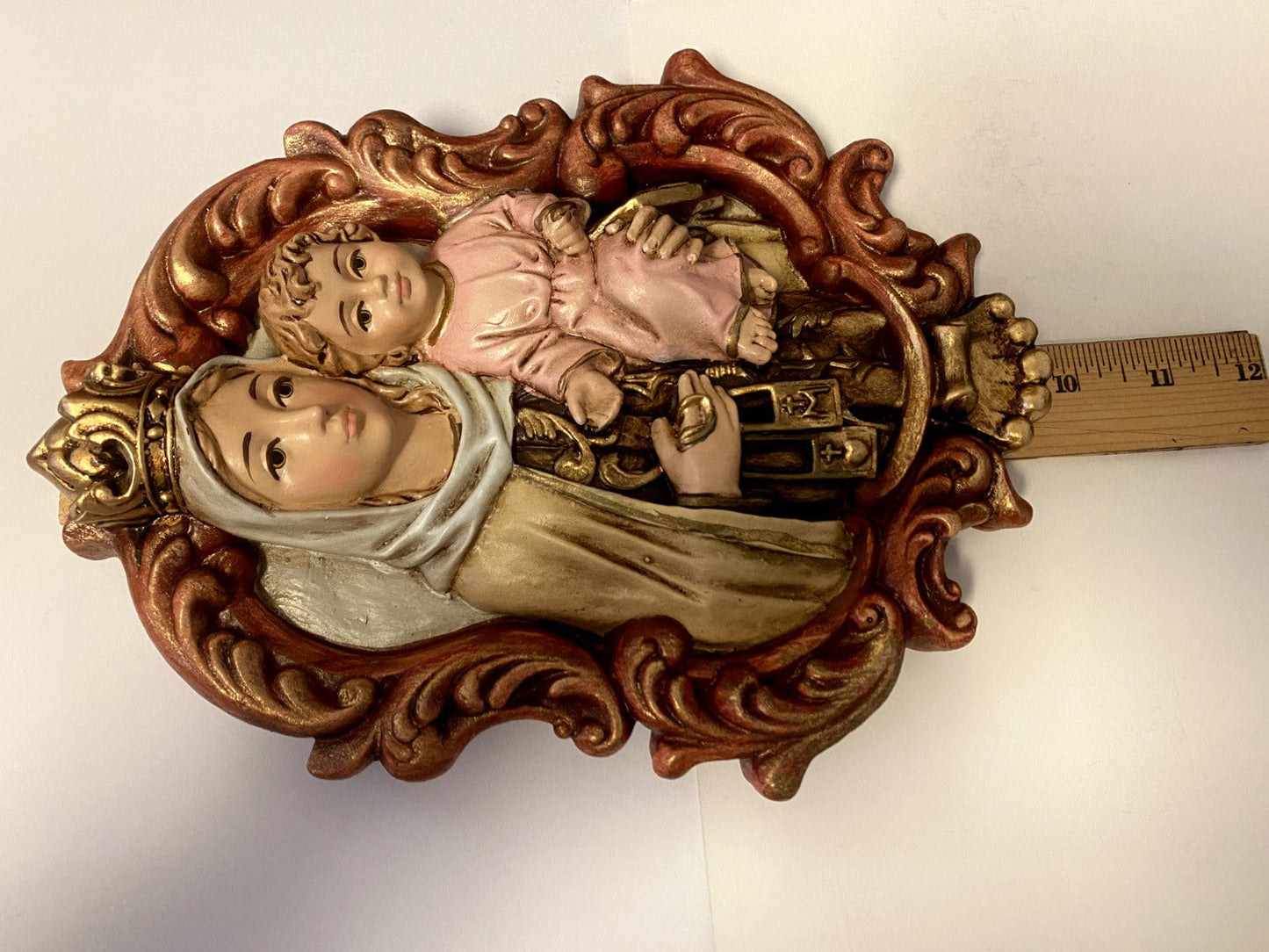 9-inch Our Lady of Mount Carmel wall plaque by Bob and Penny Lord, featuring a detailed Christian religious statue from Colombia.