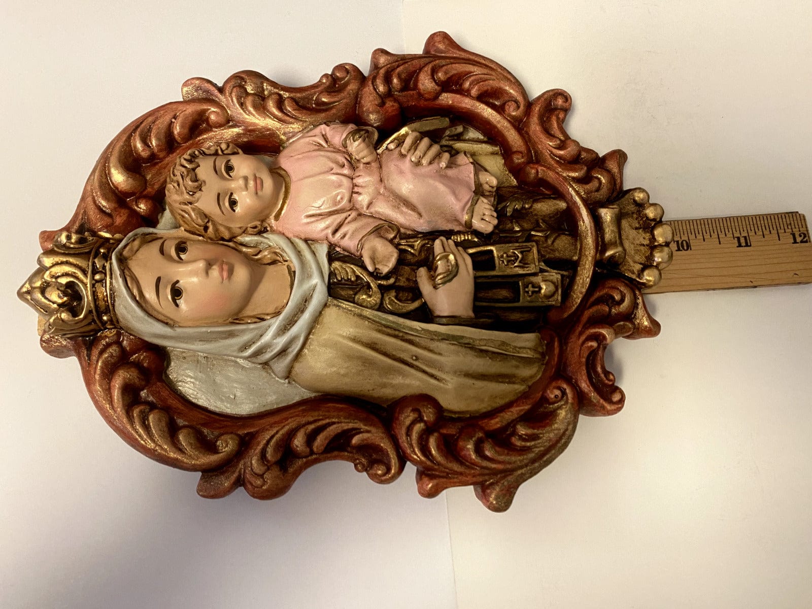 9-inch Our Lady of Mount Carmel wall plaque by Bob and Penny Lord, featuring a detailed Christian religious statue from Colombia.