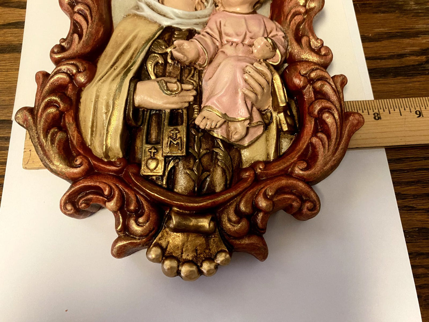 9-inch Our Lady of Mount Carmel wall plaque by Bob and Penny Lord, featuring religious Christian statue from Colombia.