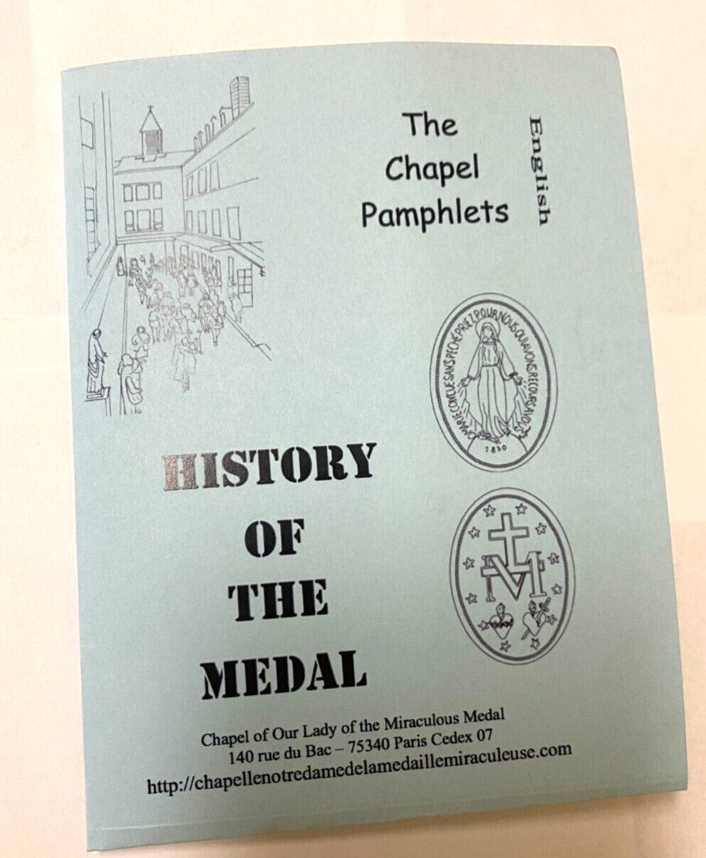 Our Lady of the Miraculous Medal folder with historical information and medal, Christian Holy Card by Bob and Penny Lord.