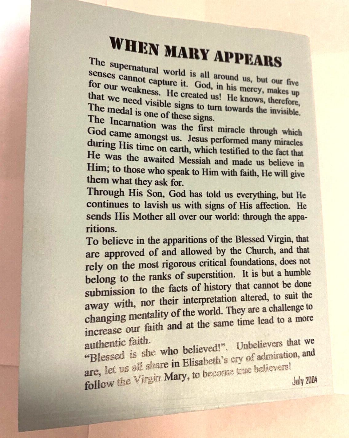 Image of a Holy Card featuring Our Lady of the Miraculous Medal with a detailed history of the medal, from Bob and Penny Lord.