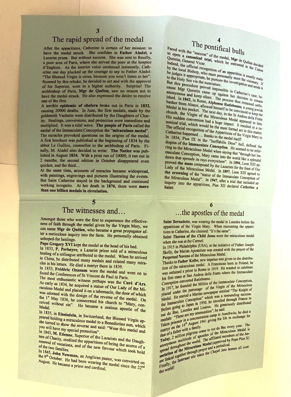 Our Lady of the Miraculous Medal folder featuring historical details and a medal, from Bob and Penny Lord, for Christian Holy Cards collection.