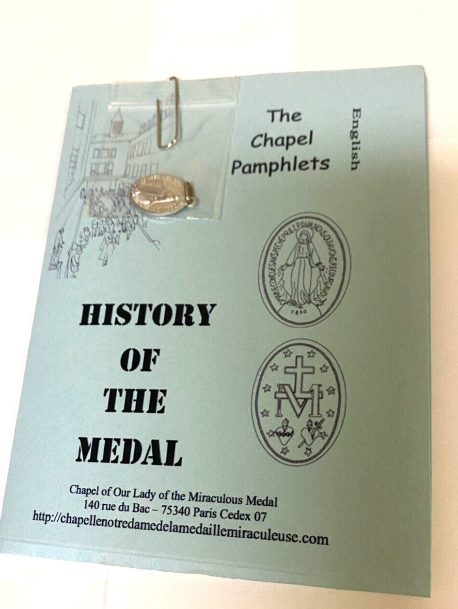 Image of Our Lady of the Miraculous Medal folder with history booklet and medal, featuring religious Christian holy card design.