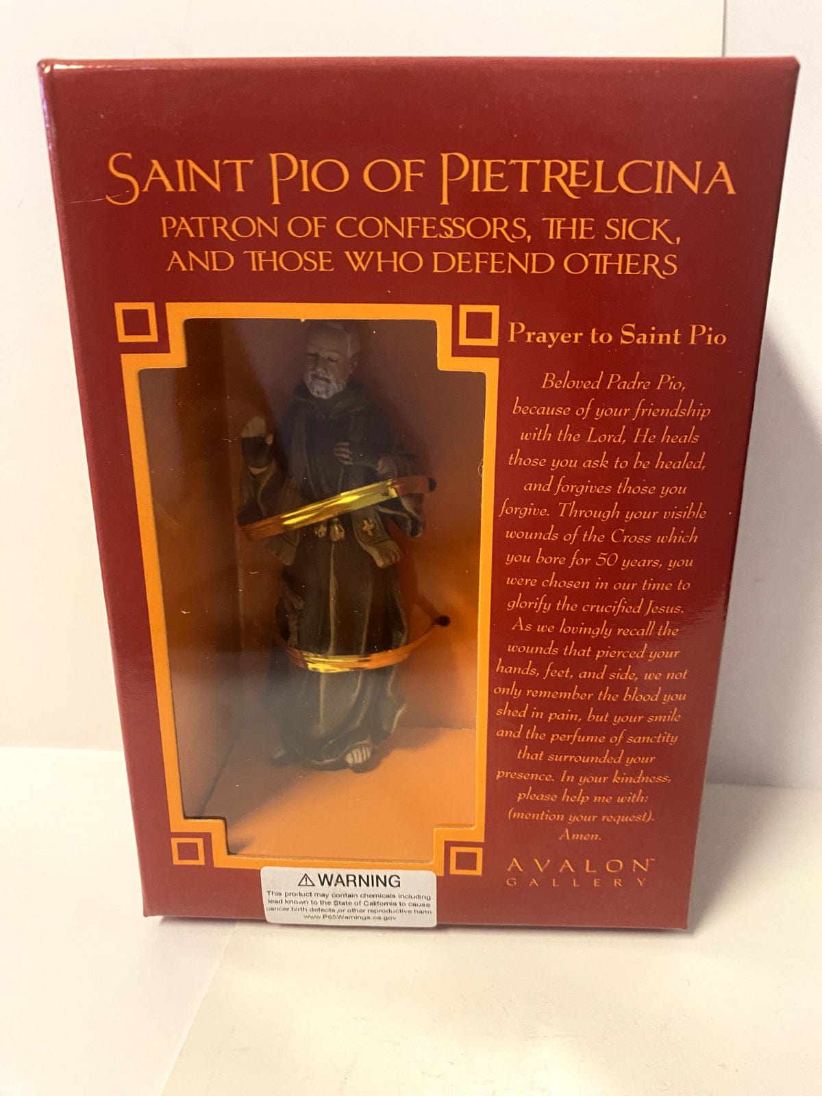 Close-up of Padre Pio 4-inch statue by Bob and Penny Lord, depicting a detailed religious Christian figure.