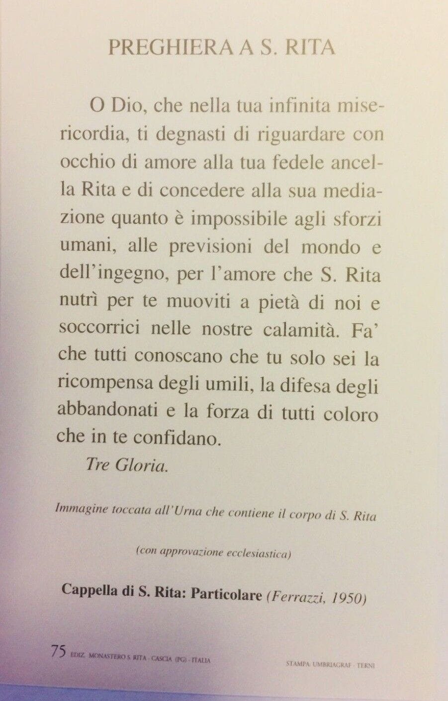 Holy card with prayer of Santa Rita Da Cascia, in Italian, featuring religious artwork and Christian symbolism from Bob and Penny Lord.