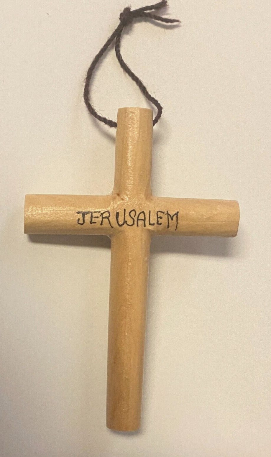 Round olive wood cross, 4.7/8 inches, from Jerusalem, crafted for Christian spirituality, by Bob and Penny Lord.
