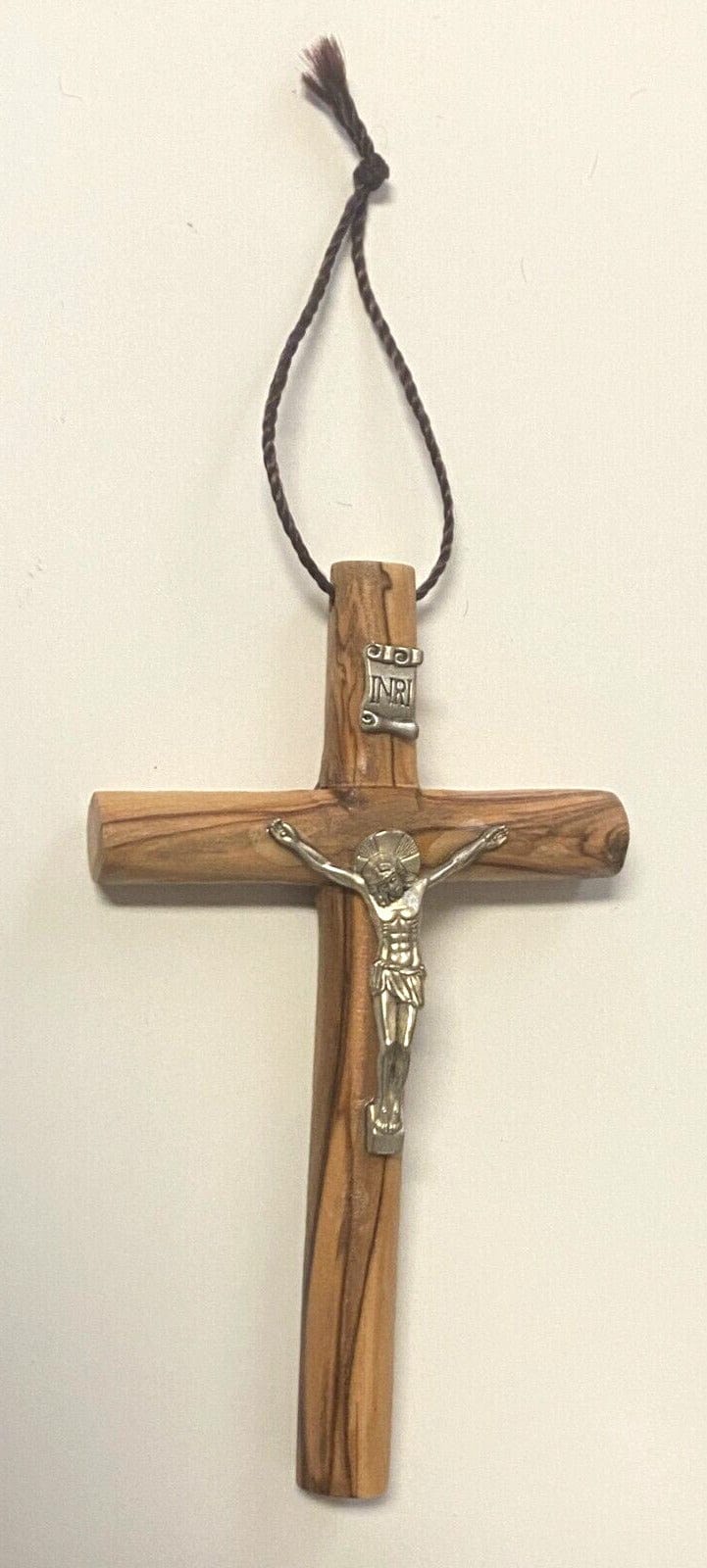 Round olive wood cross from Jerusalem, 4.75 inches, handcrafted religious Christian crucifix by Bob and Penny Lord.
