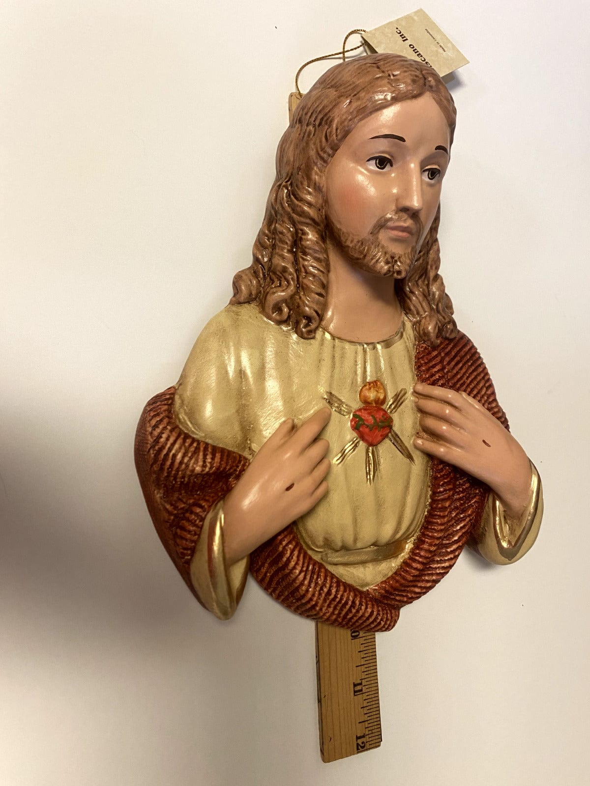 Hand-painted Sacred Heart of Jesus wall plaque, 9-inch religious collectible from Bob and Penny Lord, featuring Christian Holy Card design.