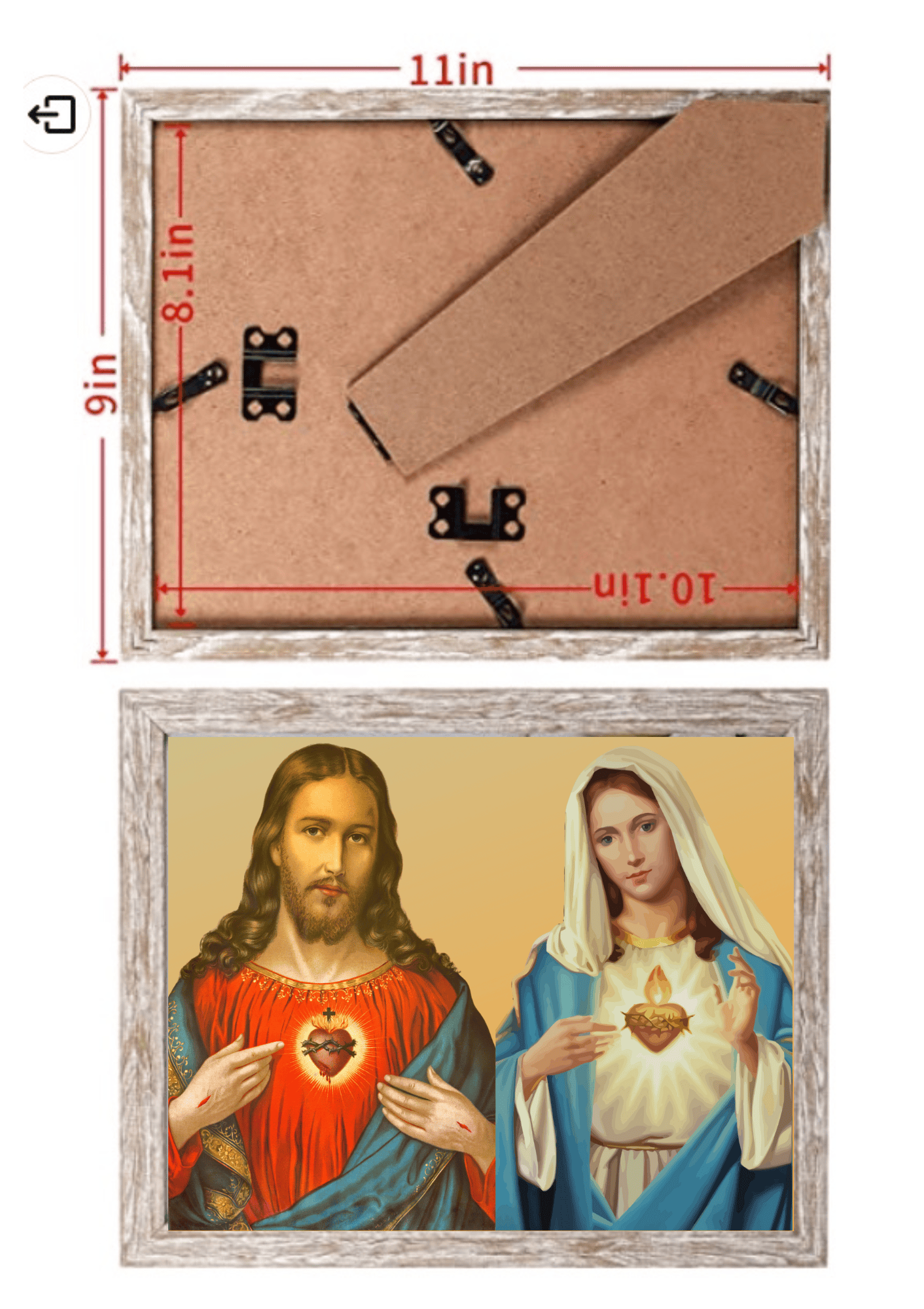 Sacred Heart of Jesus and Immaculate Heart of Mary 8x10 print by Bob and Penny Lord, featuring religious artwork on rustic background.