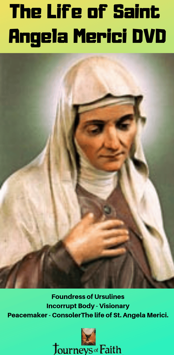 DVD of Saint Angela Merici by Bob and Penny Lord, showing the DVD case with Saint Angela Merici portrait and religious artwork.