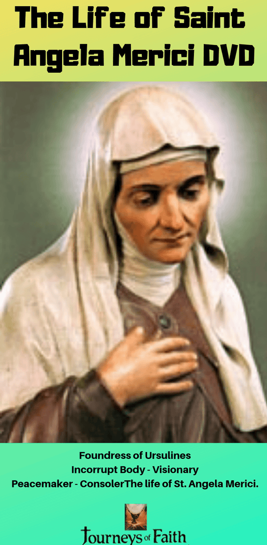 DVD of Saint Angela Merici by Bob and Penny Lord, showing the DVD case with Saint Angela Merici portrait and religious artwork.
