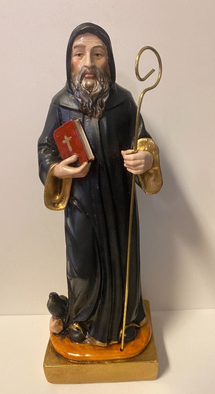 Saint Benedict 8-inch statue by Bob and Penny Lord, collectible Christian religious figure from Colombia, detailed spiritual sculpture.