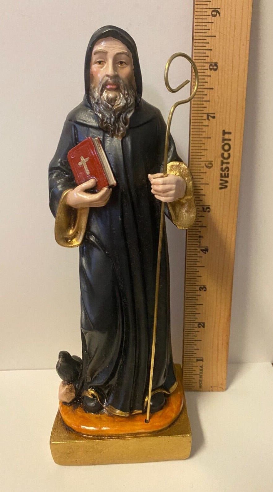 Saint Benedict 8-inch statue by Bob and Penny Lord, Catholic religious figure, detailed Christian collectible sculpture from Colombia
