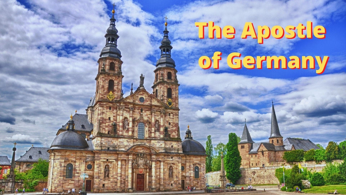 Saint Boniface Apostle of Germany DVD by Bob and Penny Lord Ministry, featuring a cover image with religious artwork and DVD case.