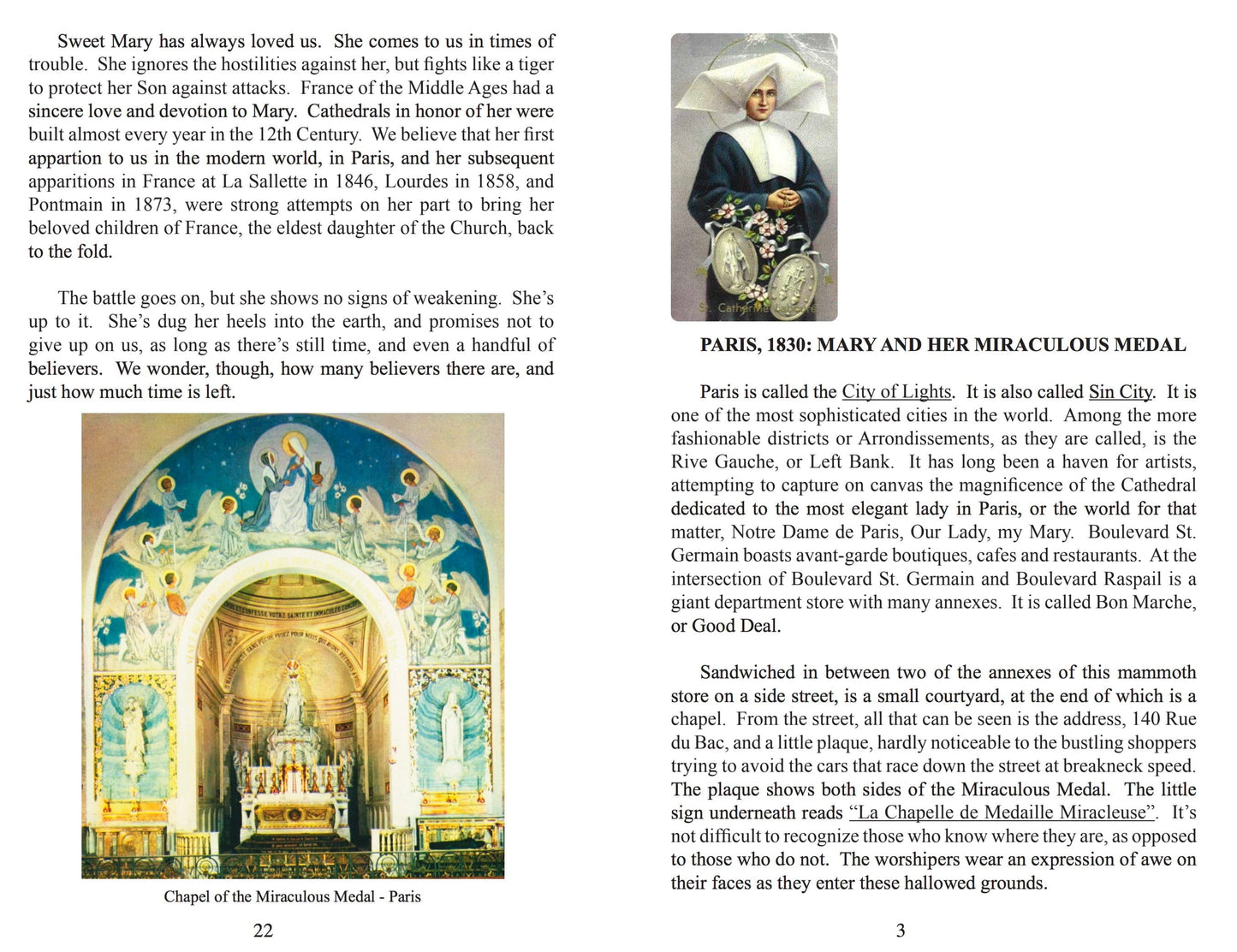 Miniature Saint Catherine Laboure Miraculous Minibook by Bob and Penny Lord Ministry, featuring religious artwork and inspirational text.