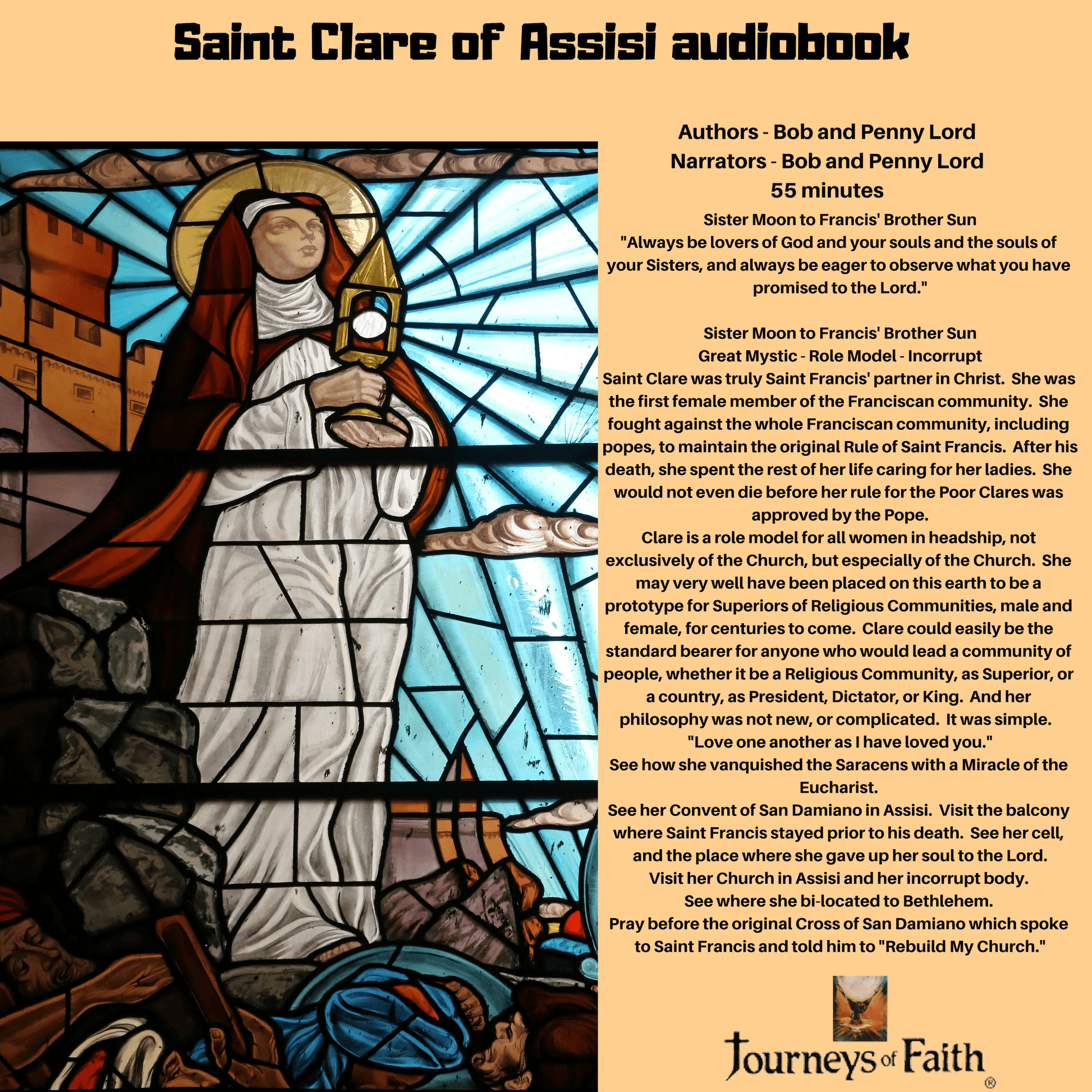 Saint Clare of Assisi Audio CD by Bob and Penny Lord Ministry, featuring a cover with religious artwork and text.