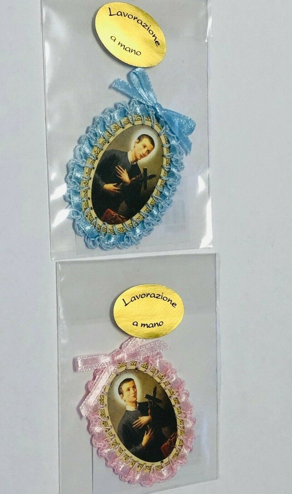 Handmade Saint Gerard Majella religious image with ribbon, Christian collectible from Italy, crafted by Bob and Penny Lord.