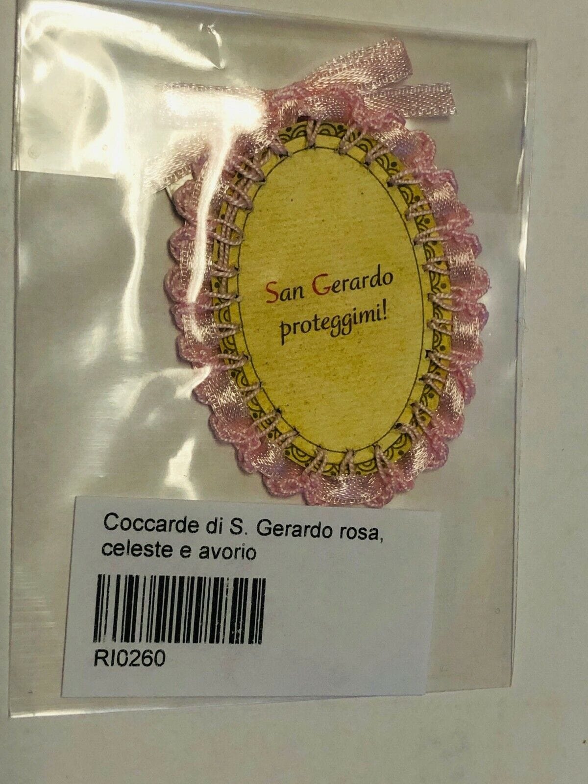Handmade Saint Gerard Majella religious image with ribbon, Christian collectible from Italy, by Bob and Penny Lord.