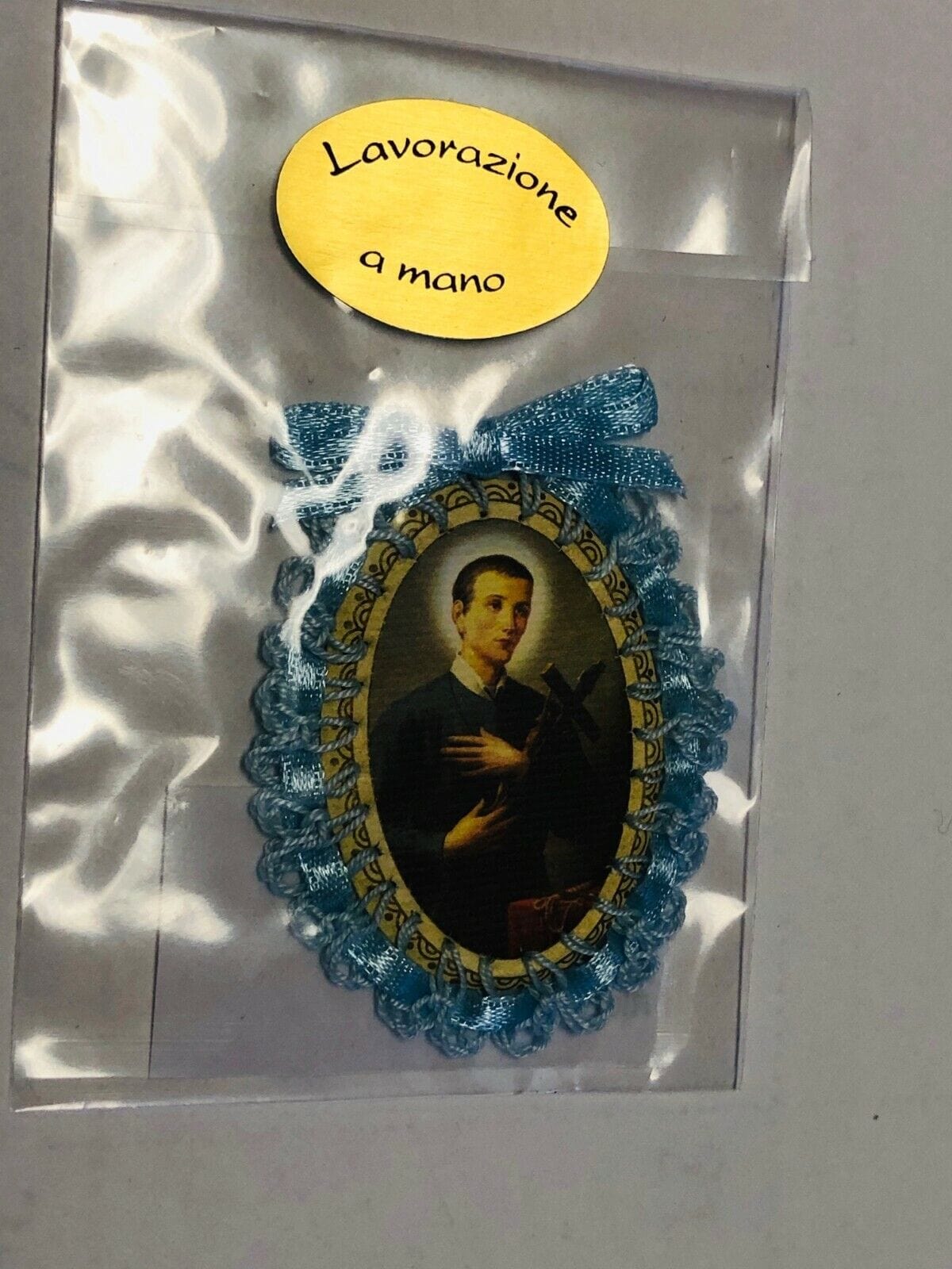 Handmade Saint Gerard Majella religious icon with ribbon, Christian collectible from Italy, crafted by Bob and Penny Lord.