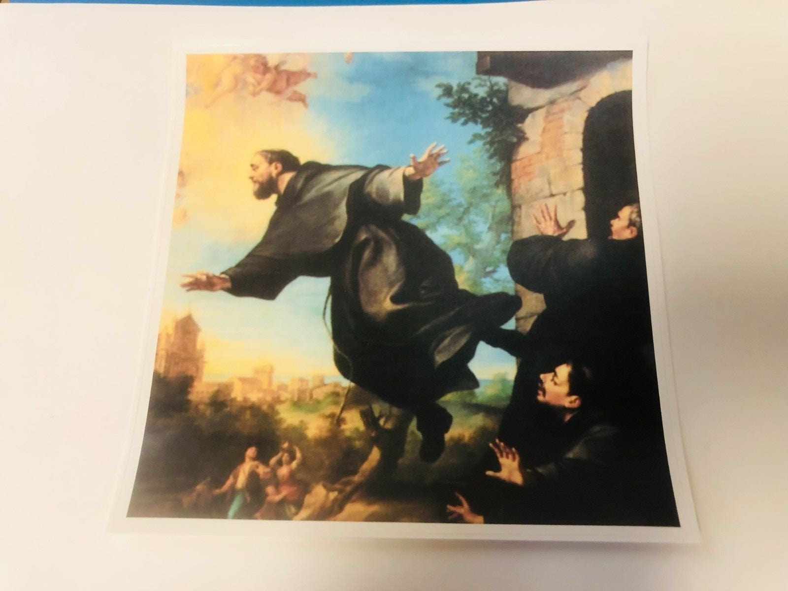 Glossy decal sticker of Saint Joseph of Cupertino, 5.75x5.75 inches, religious collectible by Bob and Penny Lord.