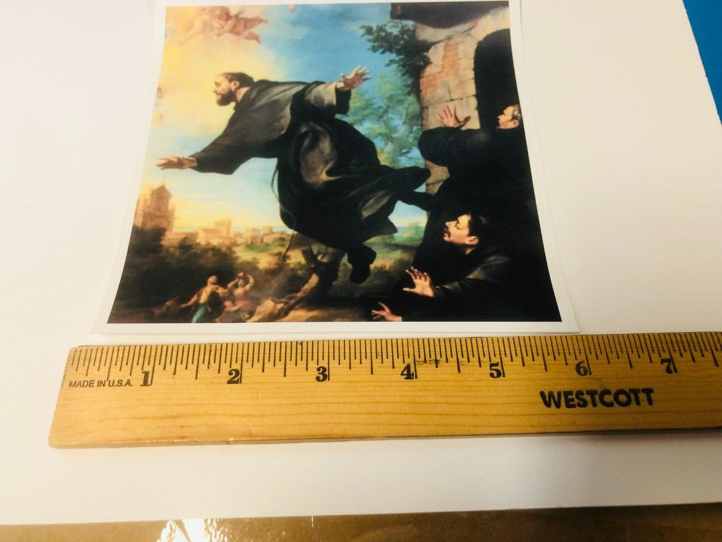 Glossy decal sticker of Saint Joseph of Cupertino, 5.75x5.75 inches, religious collectible by Bob and Penny Lord.