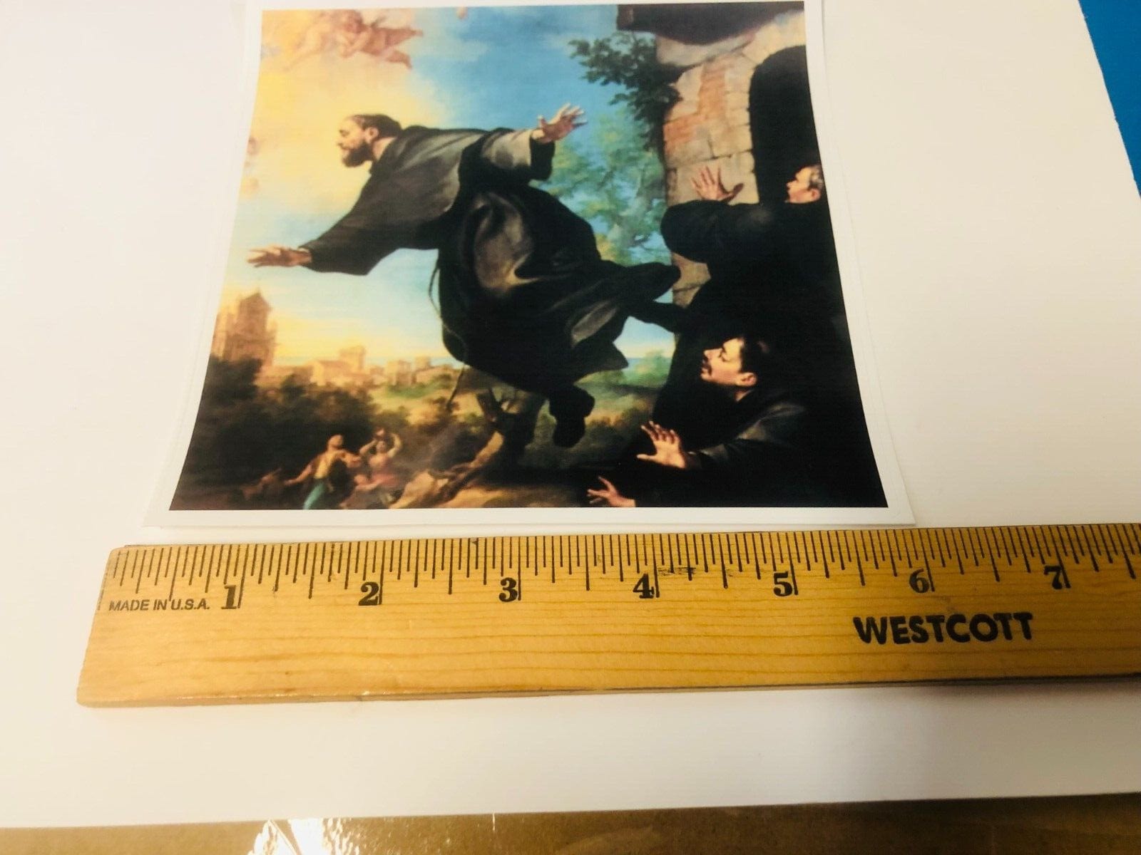 Glossy decal sticker of Saint Joseph of Cupertino, 5.75x5.75 inches, religious collectible by Bob and Penny Lord.