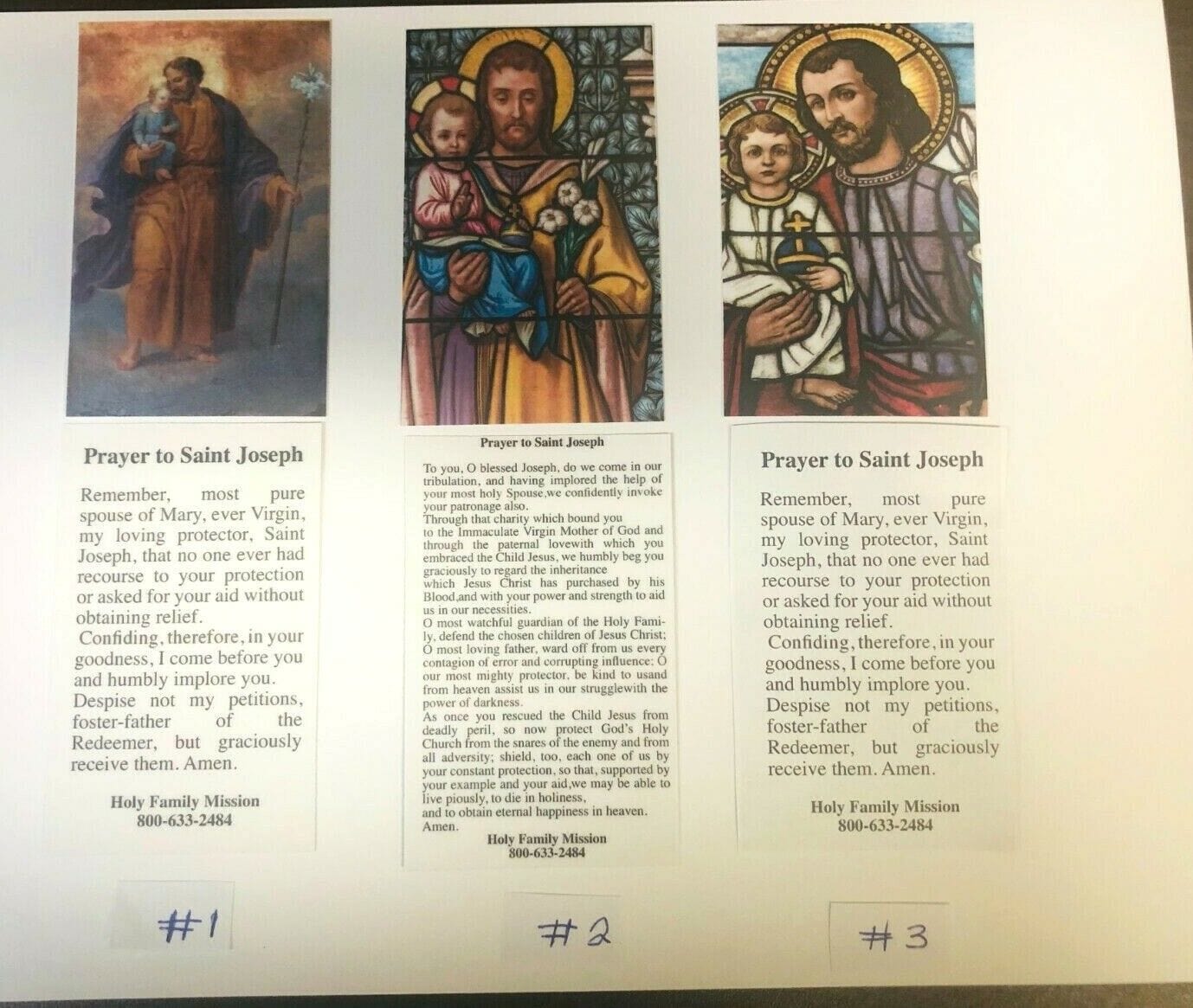 Saint Joseph prayer card by Bob and Penny Lord, Christian holy card with religious imagery and prayer text, three design options available.