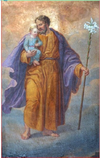 Saint Joseph prayer card from Bob and Penny Lord Ministry featuring a detailed illustration of Saint Joseph.