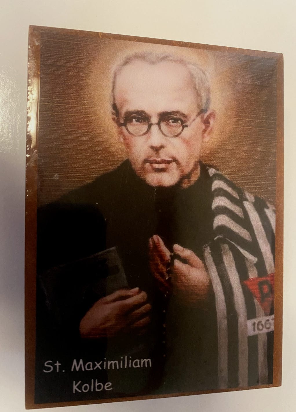 Saint Maximilian Kolbe wood rosary box with rosary, collectible Christian religious item from Colombia, by Bob and Penny Lord.