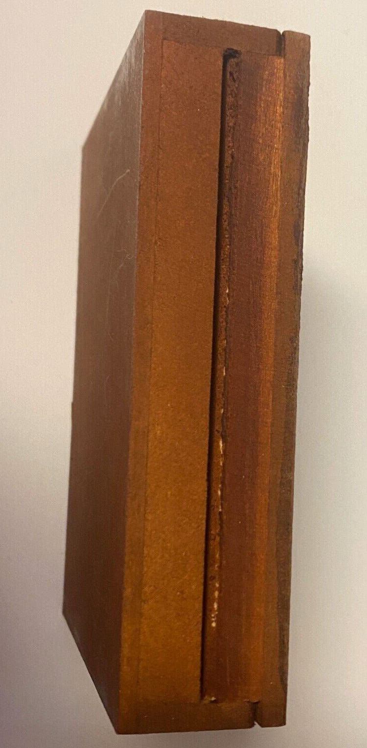 Wood rosary box with a Catholic rosary inside, featuring Saint Maximilian Kolbe design, crafted in Colombia by Bob and Penny Lord.