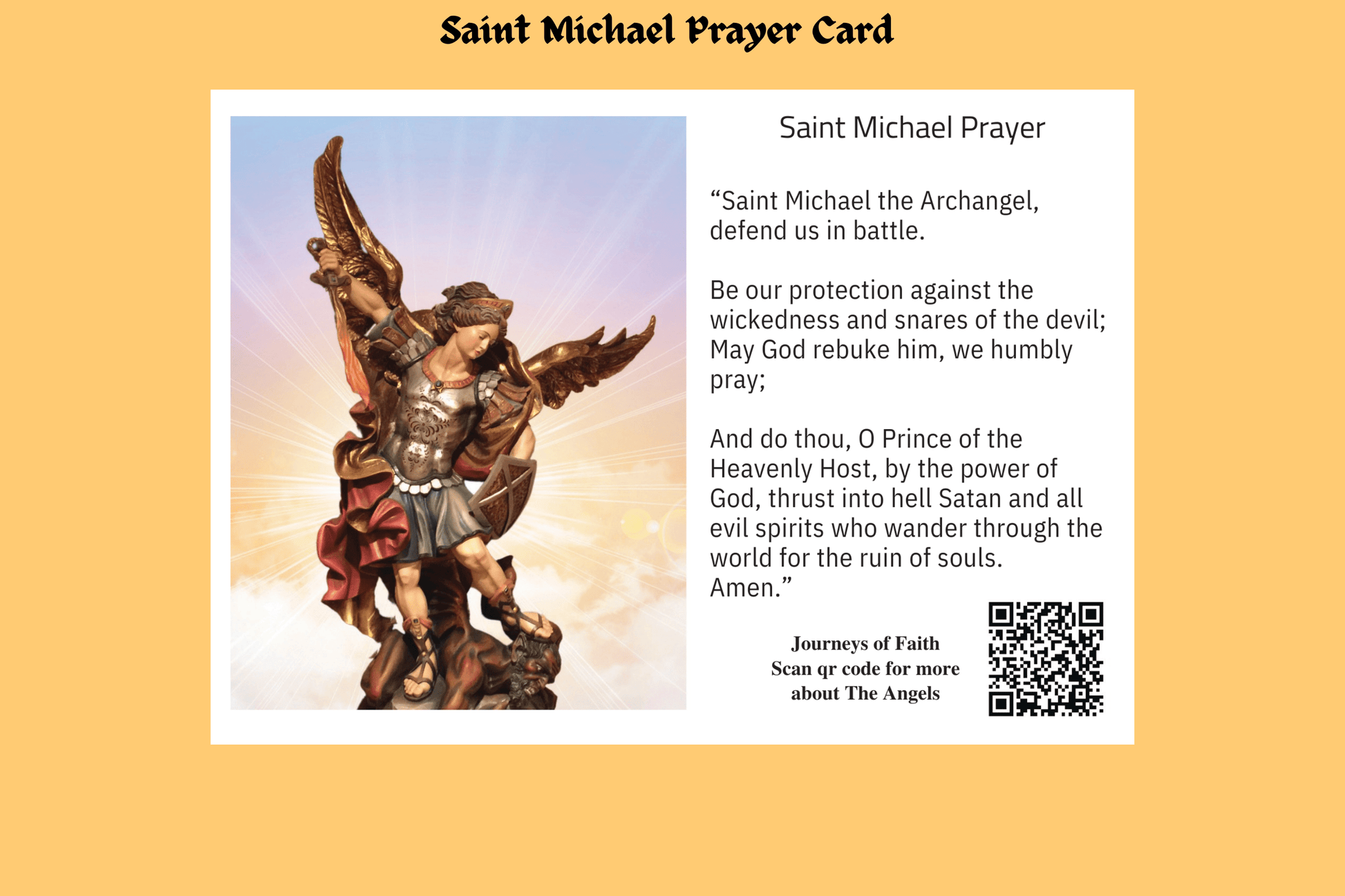 Saint Michael Prayer Card by Bob and Penny Lord Ministry featuring an illustration of Saint Michael in prayer.