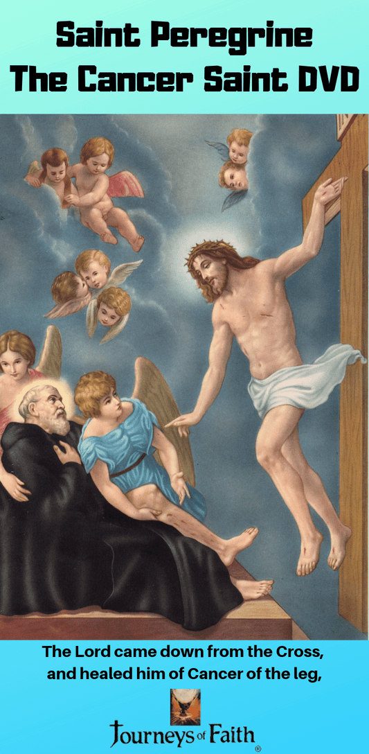 DVD of Saint Peregrine, the Cancer Saint, from Bob and Penny Lord, featuring religious images and a detailed cover.