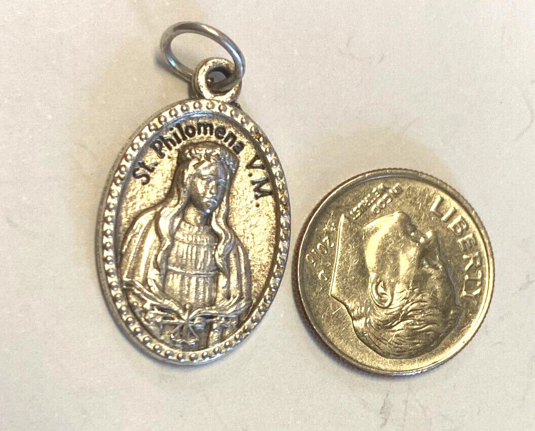 Saint Philomena silvertone medal from Italy, religious Christian medal by Bob and Penny Lord, detailed religious medal image