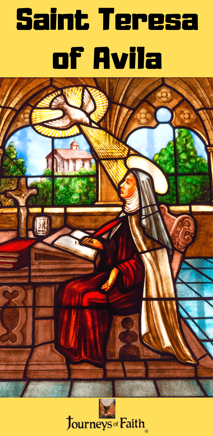 Saint Teresa of Avila DVD and book by Bob and Penny Lord, featuring religious imagery and Saint Teresa in a contemplative pose.
