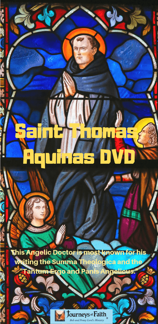 Saint Thomas Aquinas DVD by Bob and Penny Lord, featuring a cover image of the religious scholar and philosopher.